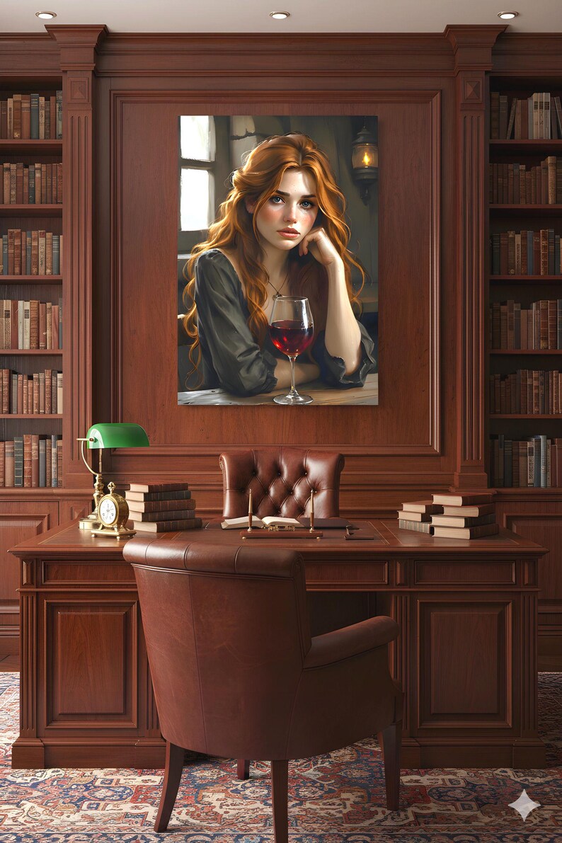 May include: A painting of a woman with red hair and a glass of red wine, displayed in a wood-panelled room. The room features a desk, leather chair, books, and a green desk lamp. The setting suggests a library or study.