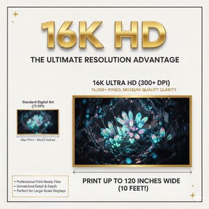 May include: An advertisement for 16K HD digital art prints, emphasizing superior resolution. The image compares the resolution to standard digital art, highlighting professional print-ready files and the ability to print up to 304.8 cm wide. The text also mentions museum-quality clarity.