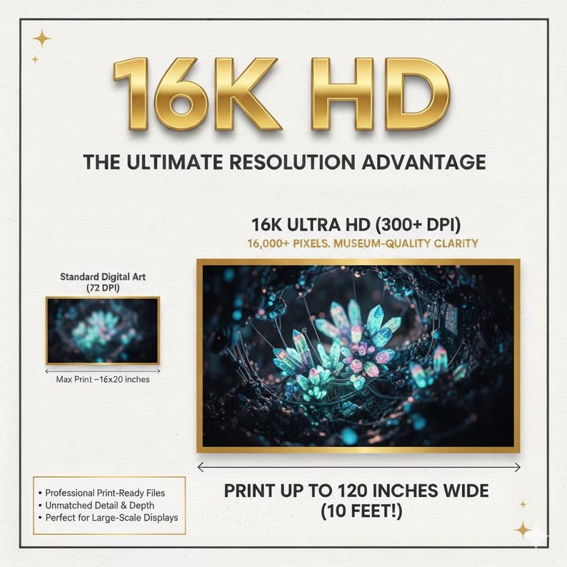 May include: An advertisement for 16K HD digital art prints, emphasizing superior resolution. The image compares the resolution to standard digital art, highlighting professional print-ready files and the ability to print up to 304.8 cm wide. The text also mentions museum-quality clarity.