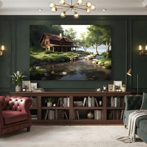 Op de afbeelding: Een woonkamer met donkergroene muren, een groot landschapsschilderij en een donkerbruine boekenkast vol boeken. Een bordeauxrode fauteuil en een donkergroene bank staan aan weerszijden van de boekenkast. Een wit tapijt bedekt de vloer.