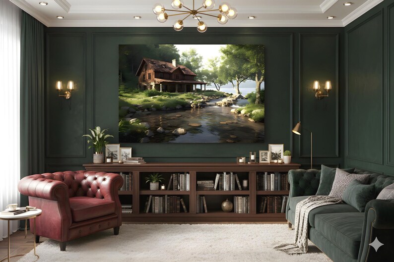 Op de afbeelding: Een woonkamer met donkergroene muren, een groot landschapsschilderij en een donkerbruine boekenkast vol boeken. Een bordeauxrode fauteuil en een donkergroene bank staan aan weerszijden van de boekenkast. Een wit tapijt bedekt de vloer.