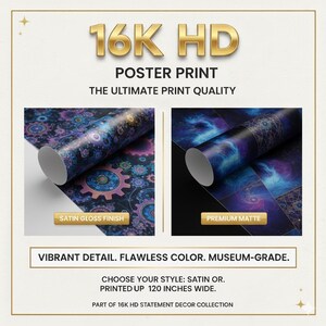 Op de afbeelding: Een advertentie voor posterprints met de tekst "16K HD POSTER PRINT" en "THE ULTIMATE PRINT QUALITY". De afbeelding toont twee opgerolde posters, &eacute;&eacute;n met een satijn glans afwerking en de andere met een premium matte afwerking. De tekst "VIBRANT DETAIL. FLAWLESS COLOR. MUSEUM-GRADE." is ook opgenomen.