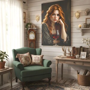 May include: An interior scene with a large canvas print of a woman with red hair and a glass of red wine. A green armchair with floral cushions sits on a patterned rug. A wooden desk and grandfather clock add to the room's vintage charm.