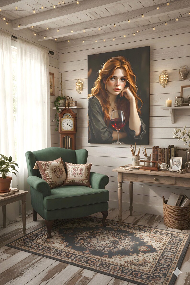 May include: An interior scene with a large canvas print of a woman with red hair and a glass of red wine. A green armchair with floral cushions sits on a patterned rug. A wooden desk and grandfather clock add to the room's vintage charm.