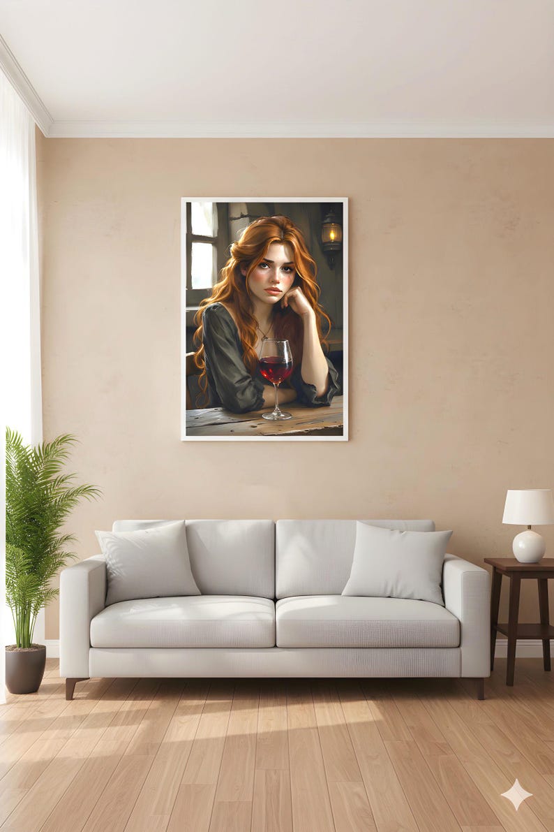 May include: A framed print shows a woman with flowing red hair, resting her chin on her hand, with a glass of red wine on a wooden table. The artwork is displayed in a living room with a white sofa and a potted plant.