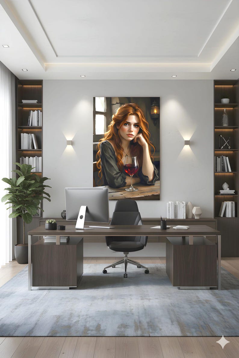 May include: An office interior with a painting of a woman with red hair and a glass of red wine. The room includes a dark wood desk, a black office chair, and bookshelves filled with books. A large plant sits in the corner. The room has a modern design.