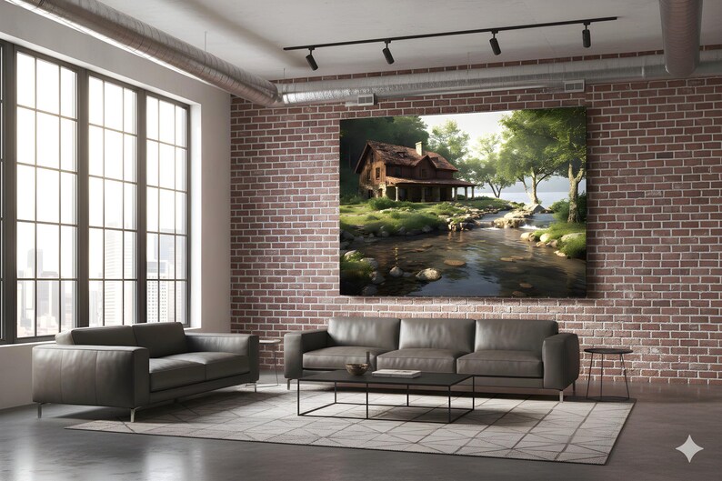 Op de afbeelding: Een groot ingelijst canvasdoek van een rustieke hut aan een rivier, tentoongesteld op een bakstenen muur. De hut is bruin met een veranda, omringd door groene bomen en gras. De kamer heeft een grijze bank, een zwarte salontafel en een groot raam.