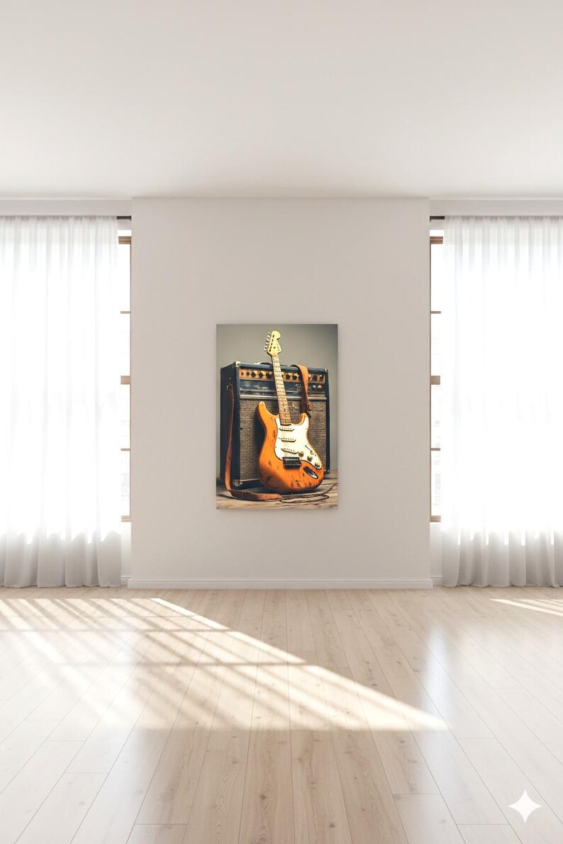 May include: An orange electric guitar with a white pickguard and a brown strap leans against a black and brown amplifier. The guitar has a light-colored neck and headstock. The image is a canvas print.