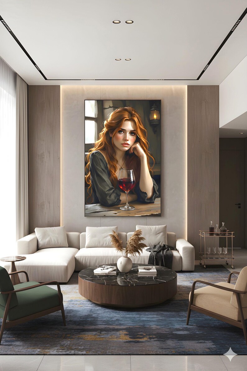 May include: A large framed artwork shows a woman with red hair, seated at a table with a glass of red wine. The painting hangs above a white sectional sofa in a modern living room. The room features a round coffee table and a patterned rug.