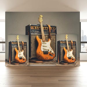 May include: Three orange electric guitars with white pickguards and brown leather straps are displayed in front of black amplifiers. The guitars are set against a gray backdrop, with a wooden floor in the foreground.