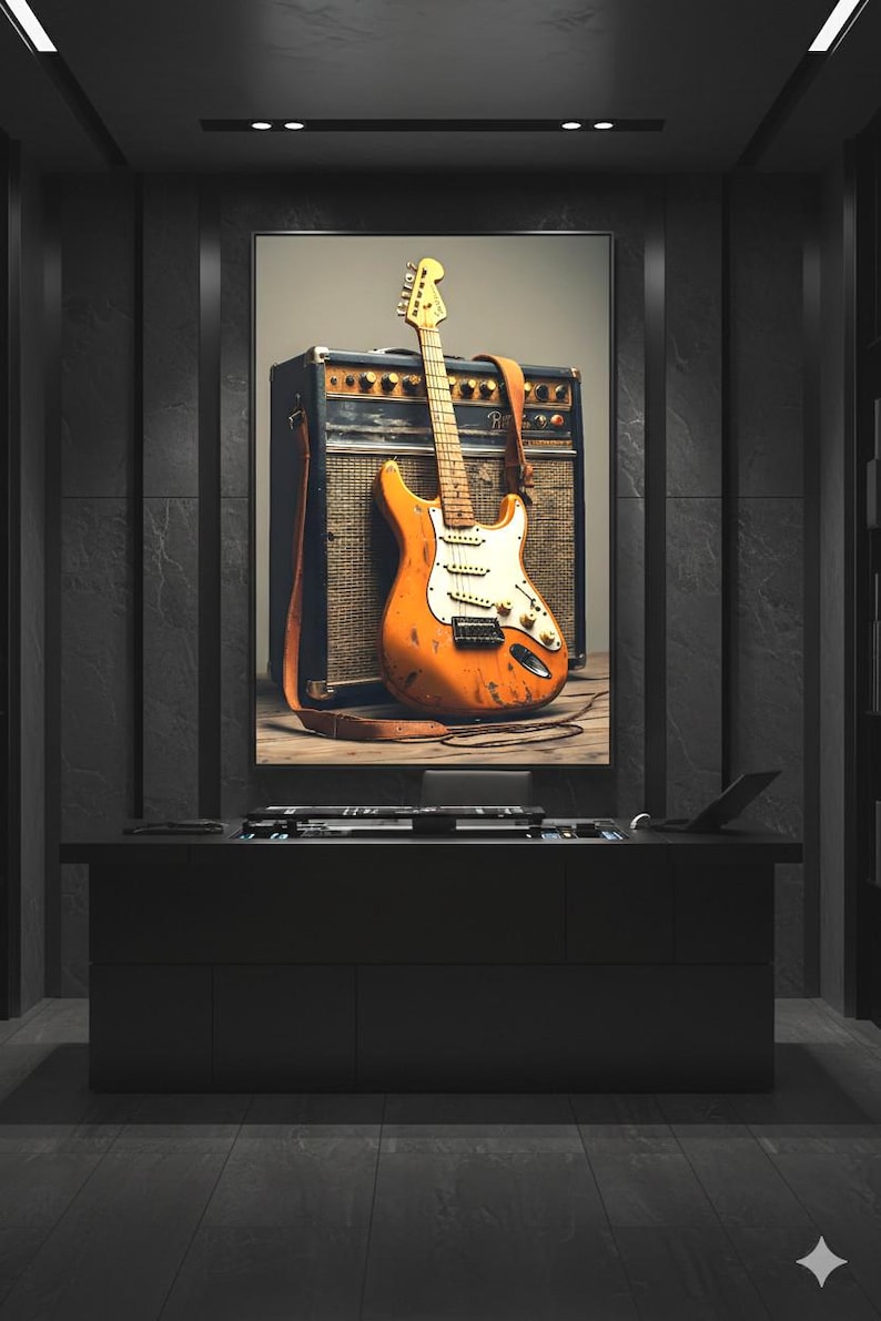 16K HD Electric Guitar Canvas Print, Vintage Amp and Relic Guitar Wall Art, Large Music Room Decor, Gallery Wrap Musician Gift, Retro Canvas image 1