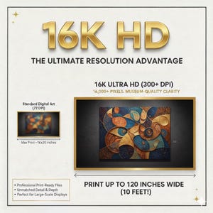 May include: An image promoting 16K HD resolution for digital art prints. The text highlights the ultimate resolution advantage, with details on pixel count and print size up to 120 inches wide. The image includes a sample of the art.