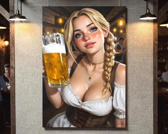Duits biergartenportret | Beierse dirndlkunst voor meisjes | 16K Ultra HD digitale download | Tavernebardecoratie | Mangrot-print | Directe toegang!