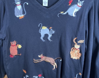 Bluza damska Bechamel Petite Small, spodnie z dekoltem w serek, czarne, haftowane jesienne koty
