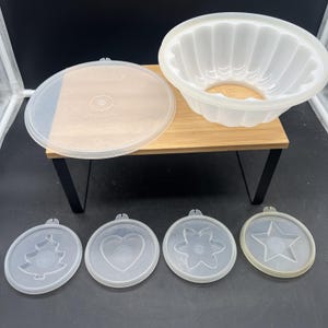 Molde para gelatina Tupperware Jel-N-Serve vintage con tapa 229-5, recipiente de 8" de diámetro, década de 1960, 4 formas.