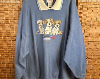 Sudadera vintage Morning Sun para mujer, talla 3XL, azul, con cachorros y perros, hecha en EE. UU., estilo Grannycore.