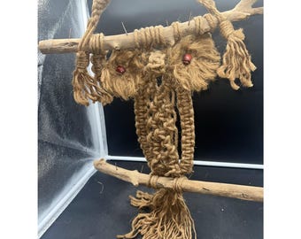 Vintage Handmade Macramé & Driftwood Brown MCM Owl Wooden Eyes 30"long