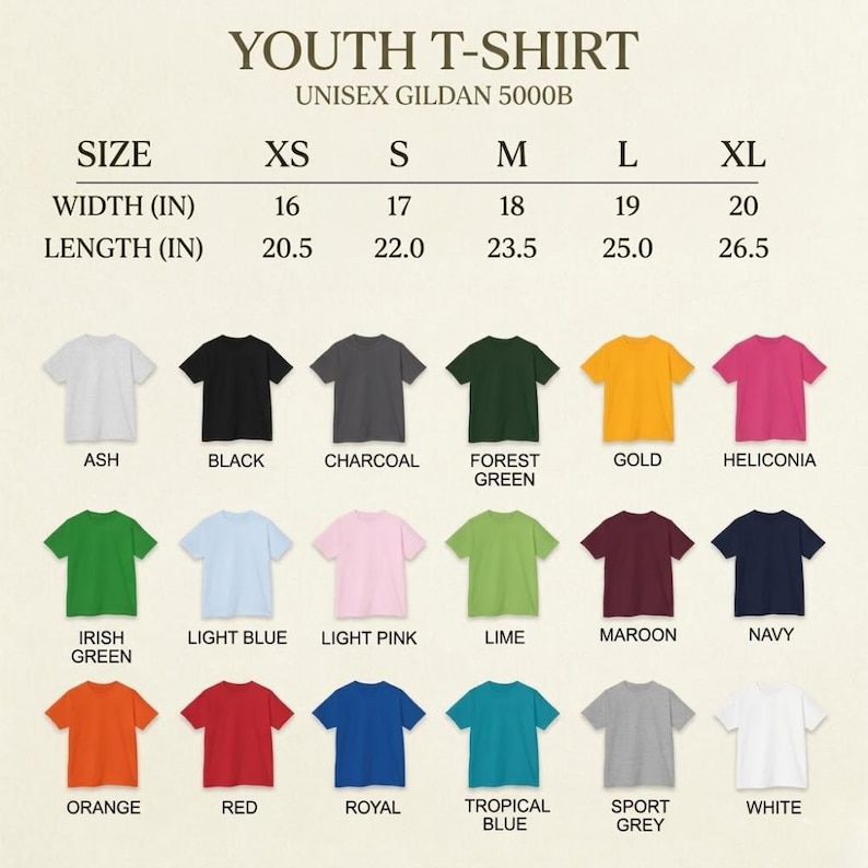 May include: A chart displaying a variety of youth t-shirts in various colors, including ash, black, charcoal, forest green, gold, and heliconia. The chart also shows the sizes XS to XL, with width measurements from 16 to 20 inches and lengths from 20.5 to 26.5 inches.