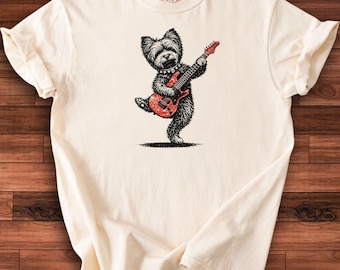 Comfort Colors® Yorkie Rock T-Shirt, Vintage Guitar Yorkshire Terrier Tee, Funny Music Lover Gift for Dog Parents, Rockin’ Pup Graphic Tee