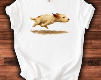 May include: White t-shirt featuring a running dog illustration. The dog is depicted in shades of tan and brown, with a trail of dirt beneath its paws. The shirt has a classic crew neck and short sleeves.