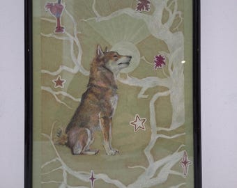 Personalized Whimsical Pet Portrait Drawing, Colored Pencil Dog Illustration (Framed)