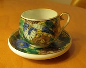 Antique Hand Painted Gilded Japanese Kutani Eggshell Porcelain Demitasse Cup and Saucer - Yellow w Bird and Flowers - Xlnt.