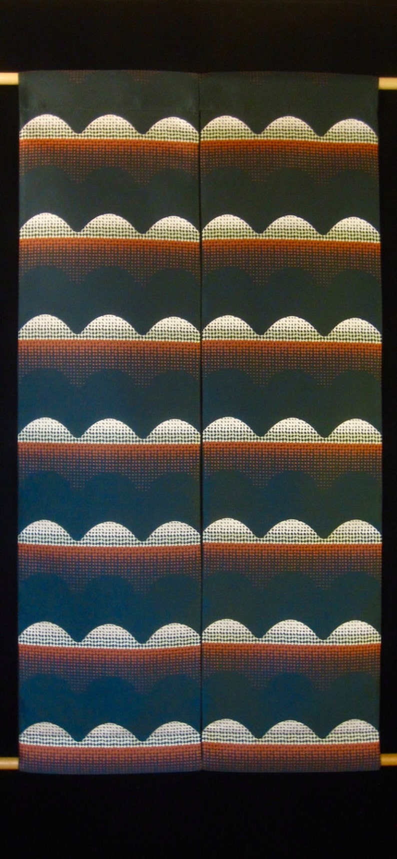 Vintage Mod 70s Fabric Large Wall Hanging Dark Pine Green Satin w Burnt Orange Ivory Pop Pattern.