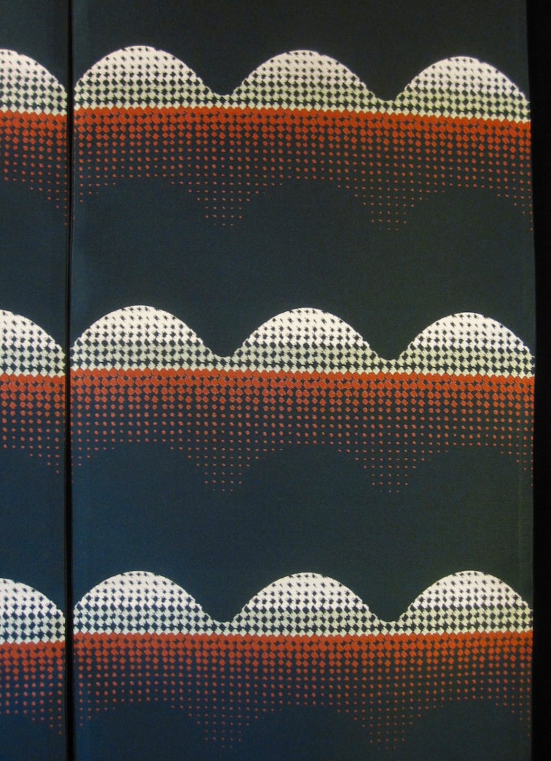 Vintage Mod 70s Fabric Large Wall Hanging Dark Pine Green Satin w Burnt Orange Ivory Pop Pattern.