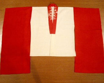 Vintage Toddler / Little Girl's Japanese Furisode Kimono Hanjuban Undergarment - Red Silk /Off White Cotton.