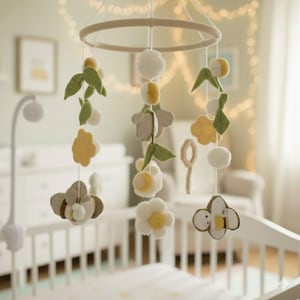 Op de afbeelding: Een baby mobile met vilten bloemen, bladeren en pompons in wit, geel en groen. De mobile hangt aan een beige ring en hangt boven een witte wieg. De kinderkamer heeft een zacht, neutraal kleurenpalet.