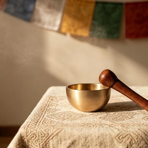 Könnte beinhalten: Eine goldfarbene Klangschale aus Metall mit glatter, abgerundeter Innen- und Außenseite, begleitet von einem dunkelbraunen Holzschlägel, der am Rand lehnt. Rauchschwaden steigen aus der Schale auf und erzeugen einen weichen, ätherischen Effekt.
