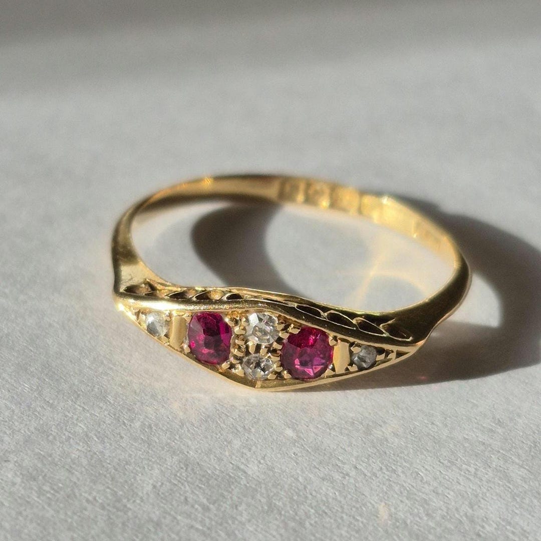 Vintage 18ct YG Ruby and Diamond Boat Shaped Ring - Etsy