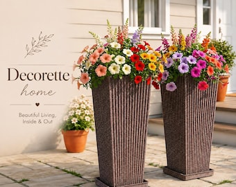 Front Porch Planters Set of 2, 24 Inch Tall Outdoor Plant Pots with Drainage, Large Tapered Plastic Flower Planters Indoor Outdoor Use Brown
