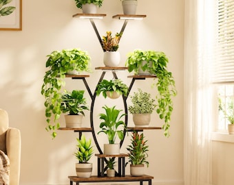 Indoor Plant Stand with Grow Lights, 63'' Tall 9 Tier Metal Plant Shelf, X-Shaped Corner Flower Rack for Living Room Decor