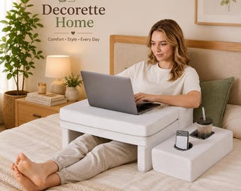 Memory Foam Lap Desk Reading Pillow with Armrests, Laptop Bed Desk Tray, Storage Pockets, Tablet Holder, Washable Cover