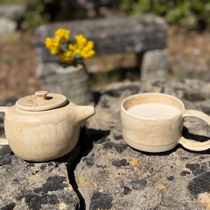 Peut inclure: Une théière en céramique beige avec un couvercle et une tasse assortie remplie d'un liquide clair. Les deux ont une texture tachetée, posées sur une surface en pierre. Un petit vase avec des fleurs jaunes est en arrière-plan.