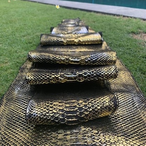 May include: A decorative mat with a snake-like design. The mat is black with gold accents, creating a reptile scale pattern. The mat is layered, with the top layers rolled up.