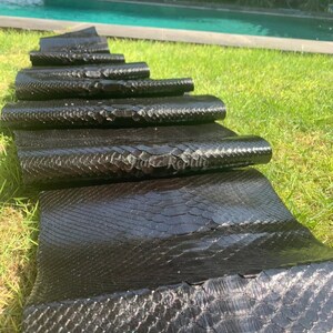 Peut inclure: Plusieurs rouleaux de peau de reptile noire sont dispos&eacute;s sur de l'herbe verte. Les &eacute;cailles sont visibles et le mat&eacute;riau semble brillant. L'arri&egrave;re-plan comprend une piscine et de la verdure.