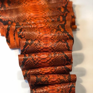 Op de afbeelding: Close-up van verschillende stukken oranje en zwart slangenleer. Het leer heeft een schilferige textuur en is in een gelaagd patroon gerangschikt. De kleur is een levendig oranje met zwarte markeringen.