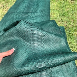 May include: Emerald green snakeskin leather. The leather has a textured, scaled pattern. The image shows several pieces of the leather, with one piece folded over another. The leather is on a bed of green grass.