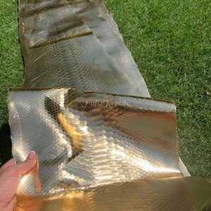 Può includere: Primo piano di pelle di serpente dorata con un motivo strutturato a forma di scaglie. La pelle è esposta su erba verde. Il testo "Jafiz Reptile" è visibile sulla pelle.