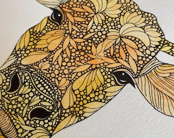 Ilustración de una vaca, obra de arte original, acuarela con detalles a pluma y tinta.