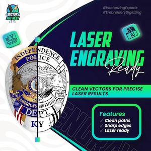 Könnte beinhalten: Eine digitale Grafik, die Lasergravurdienste bewirbt. Das Design zeigt ein Polizeiausweis mit patriotischen Elementen, den Text "LASER ENGRAVING Ready" und Symbole. Das Bild hebt saubere Pfade, scharfe Kanten und laserfertige Funktionen hervor.