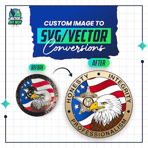 Può includere: Un'immagine che mostra un confronto prima e dopo di una conversione di immagine personalizzata. L'immagine "prima" è una moneta dettagliata con un'aquila e un design a bandiera americana. L'immagine "dopo" è una versione raffinata della moneta, con il testo "HONESTY INTEGRITY PROFESSIONALISM".