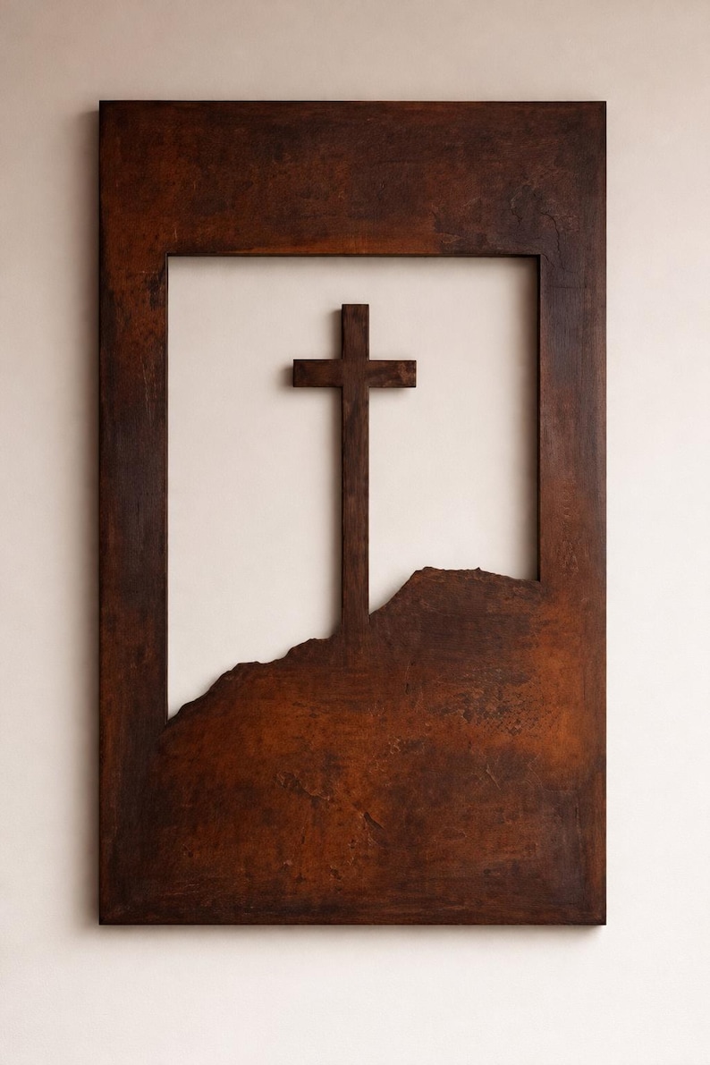 May include: A rustic, rectangular wall art piece featuring a cross silhouette. The cross is set against a neutral background within a distressed, dark brown frame. The bottom edge of the frame has a mountain-like cutout.