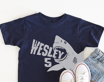 Personalized Shark Birthday Shirt with Name & Age, Custom Shark Party T-Shirt for Boys, Toddler and Youth
