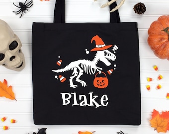 Dinosaur Skeleton Halloween Trick or Treat Bags, Personalized Halloween Treat Bag for Boys or Girls, Custom Halloween Candy Tote Bag
