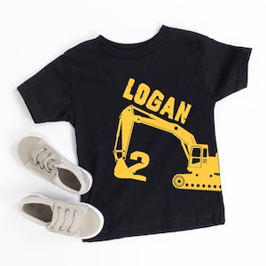 Construction Birthday shirt for Boys Personalized Black toddler shirt with yellow digger name and age, yellow excavator shirt for boys 2 nd birthday