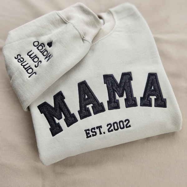 Custom Embroidered Mama Sweatshirt with Kids Names on Sleeve New Mom Hoodie Personalized Gift for Mom Crewneck Pullover