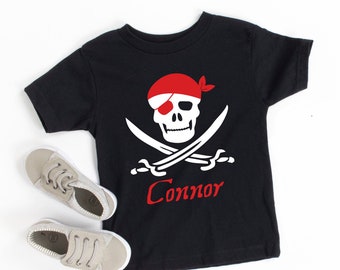 Pirate Birthday Shirt for Boys Personalized Pirate Skull Tshirt for Kids 4th Birthday Black Toddler Pirate Shirt with Name